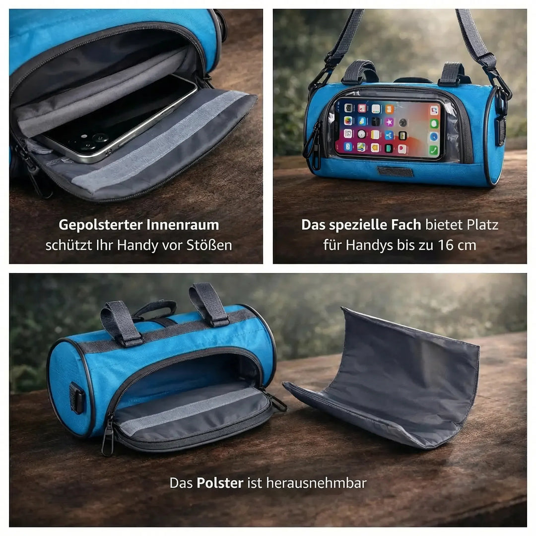 Robuste, wasserdichte Fahrradlenkertasche schützt Wertsachen & Smartphone vor Regen und Schmutz auf Radtouren.