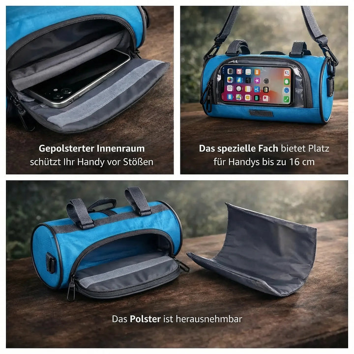 Robuste, wasserdichte Fahrradlenkertasche schützt Wertsachen & Smartphone vor Regen und Schmutz auf Radtouren.