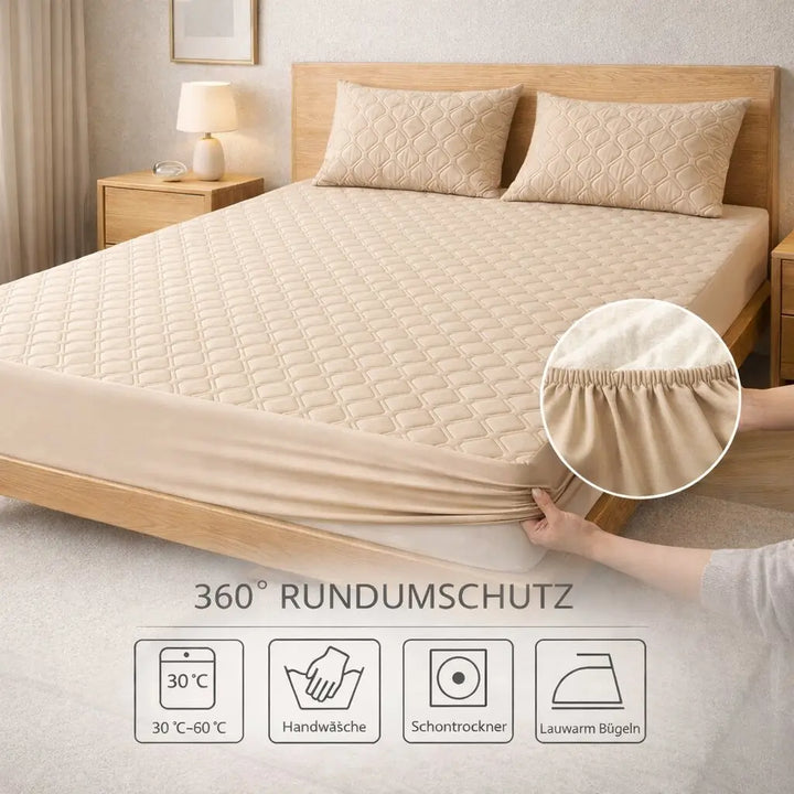Weißer, wasserdichter Matratzenschoner aus Mikrofaser für langanhaltenden Bett-Schutz und erhöhte Hygiene.