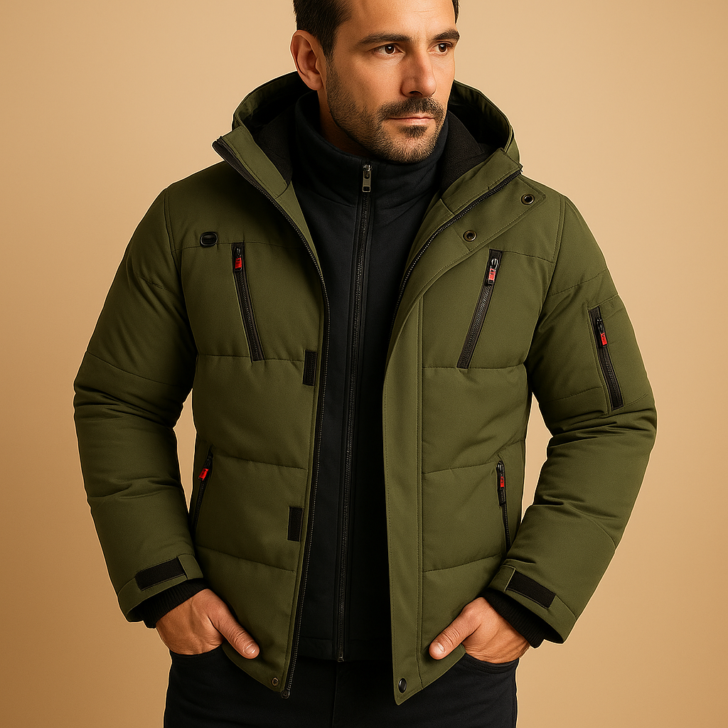 Moderne Herren Winterjacke mit Reißverschluss und praktischen Taschen. Warm, langlebig und vielseitig für kaltes Wetter.