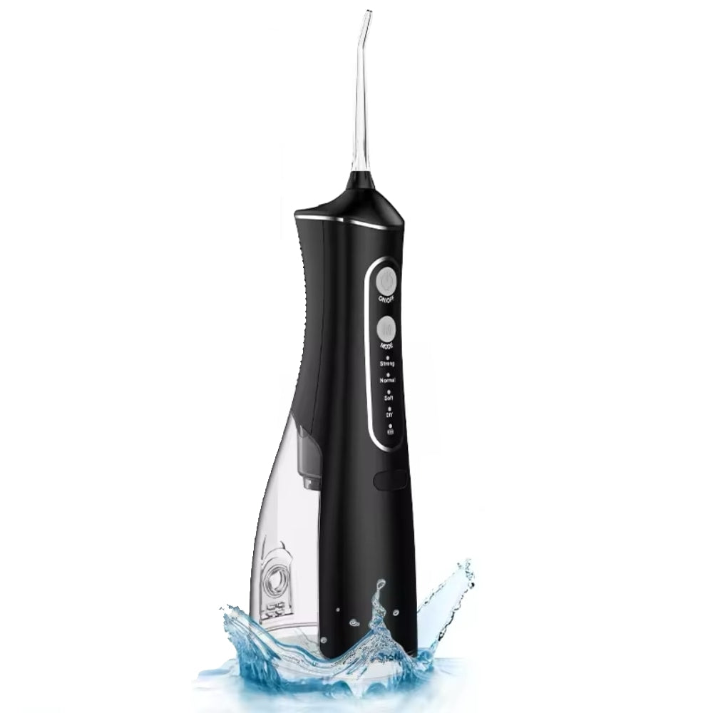 Wiederaufladbarer kabelloser Wasser-Flosser mit verschiedenen Aufsätzen für gründliche Zahnreinigung und Mundhygiene.