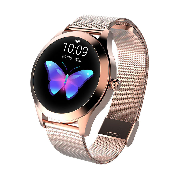 Silberne Damen-Smartwatch mit schlankem Edelstahlarmband, perfekt als Fitness Uhr & Gesundheits-Tracker.