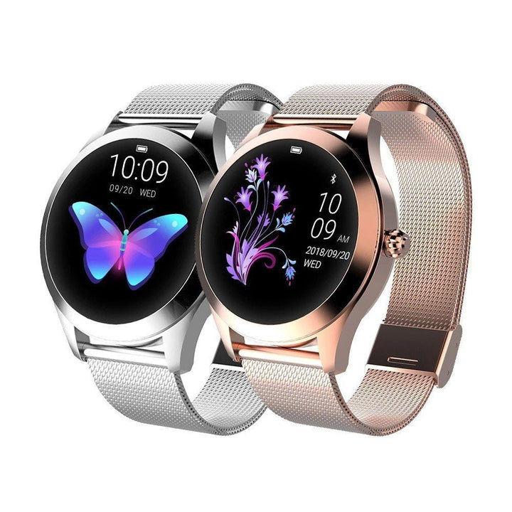 Elegante Damen-Smartwatch in Roségold mit Edelstahlarmband, smarte Funktionen für Alltag & Fitness.