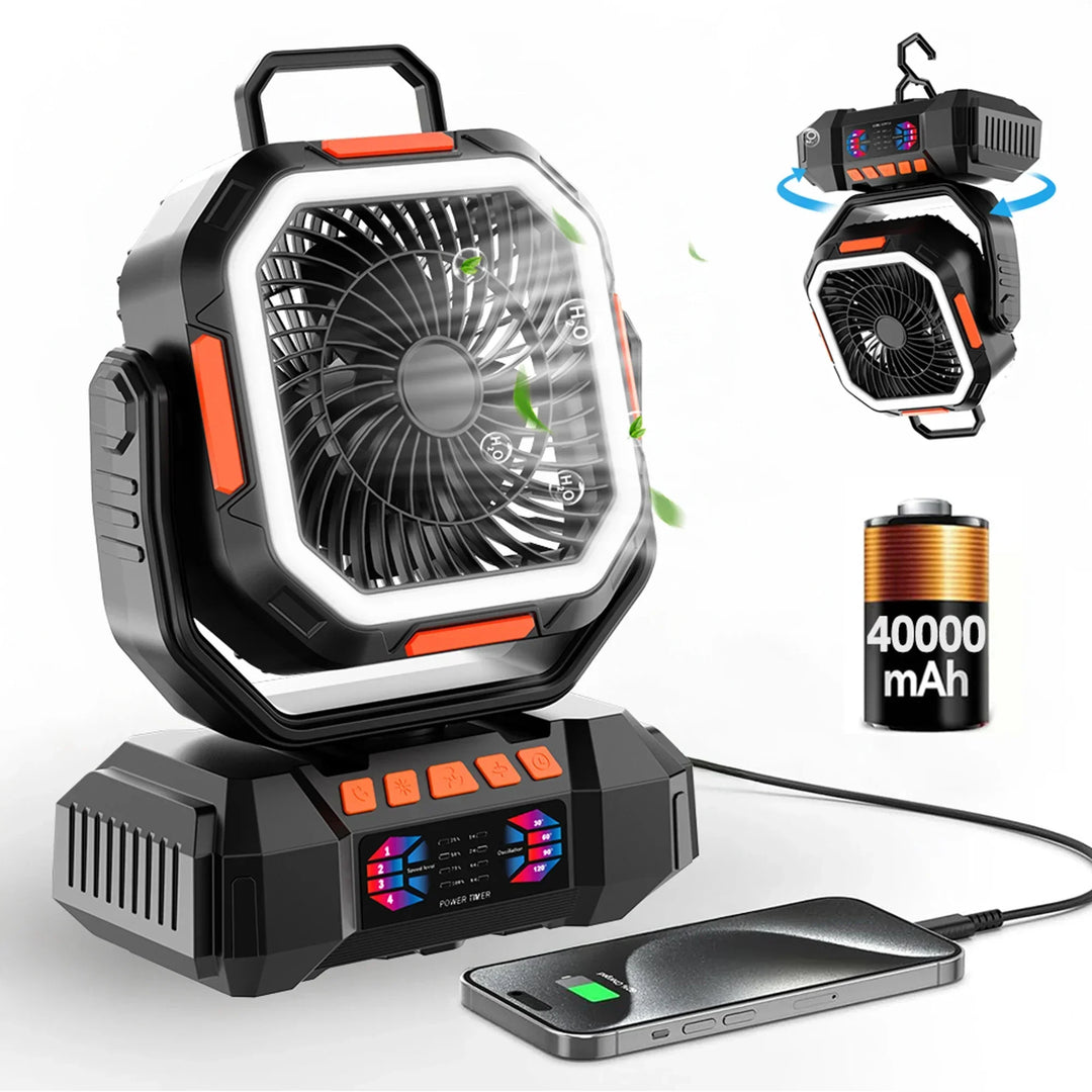 Wiederaufladbarer Campingventilator F22 mit 40000mAh Powerbank & LED-Licht für Outdoor-Kühlung & Notfälle.