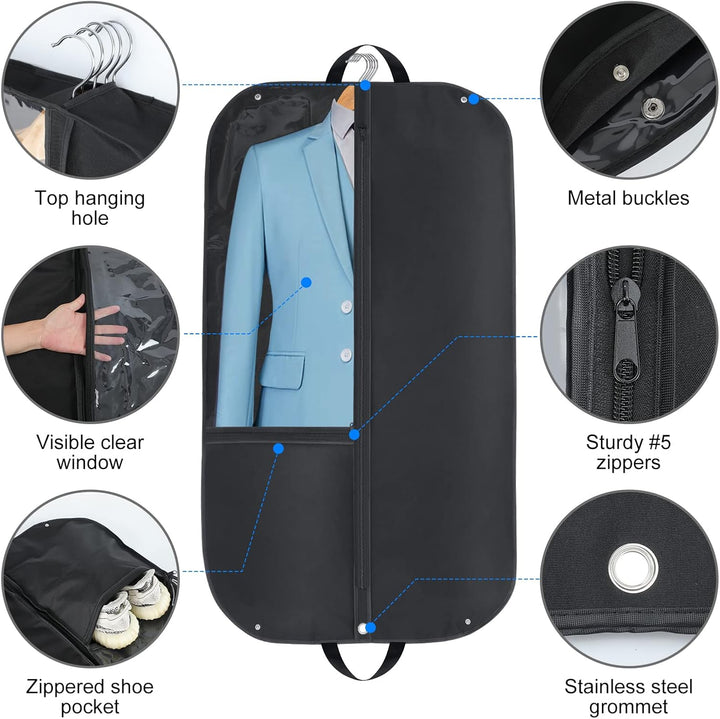 Kompakte, wasserdichte Anzughülle in Schwarz. Ideale Reise-Kleidertasche für knitterfreie Kleiderorganisation unisex.