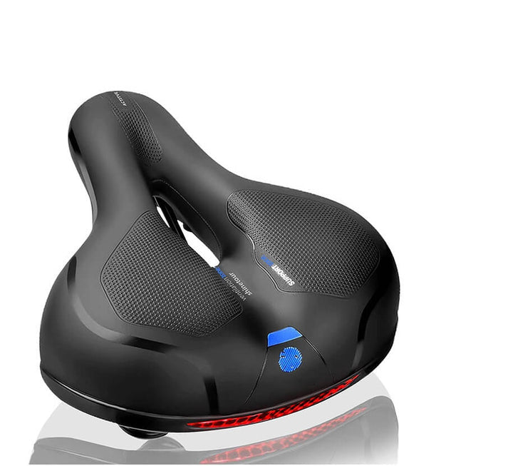 Ergonomischer, wasserabweisender Fahrradsattel in Rot/Blau für schmerzfreies Radfahren.